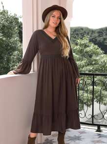 Rusttydustty Vestido con encaje de manga con volante bajo con fruncido - Marrón Chocolate - Ver 6