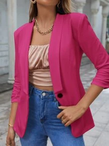 SHEIN Clasi Shawl Collar Single Button Ruched Cuff Blazer - Hot Pink - View 4