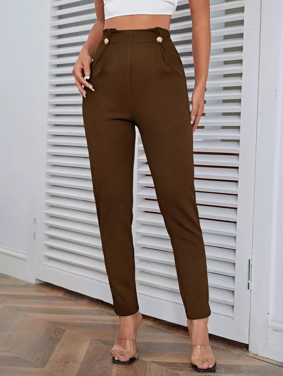 Firerie 高腰纽扣细节裤 - 咖啡棕 - 查看 1