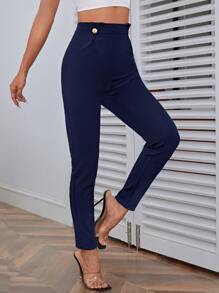 Firerie High Waist Button Detail Pants - Navy Blue - View 3