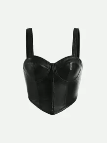 SHEIN MOD Hanky Hem PU 皮革吊带背心紧身胸衣上衣 - 黑色 - 查看 1