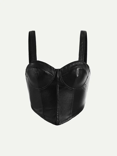 SHEIN MOD Hanky Hem PU 皮革吊带背心紧身胸衣上衣