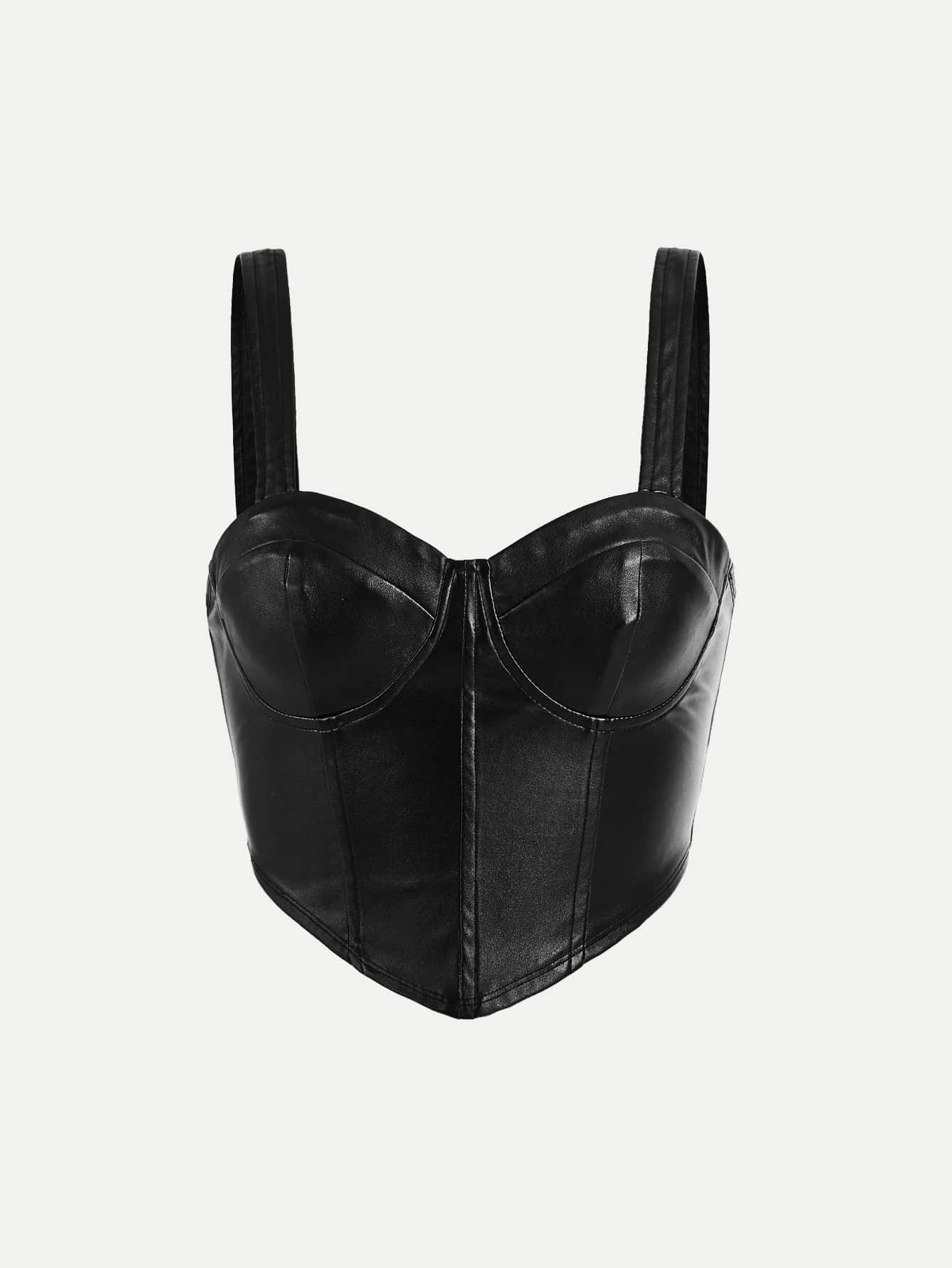 SHEIN MOD Hanky Hem PU 皮革吊带背心紧身胸衣上衣 - 黑色 - 查看 1