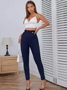 Firerie High Waist Button Detail Pants - Navy Blue - View 4