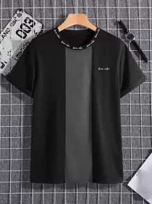 Manfinity Homme 男士T恤，合身版型，圓領短袖標語T恤，休閒款式 - 黑色 - 查看 3