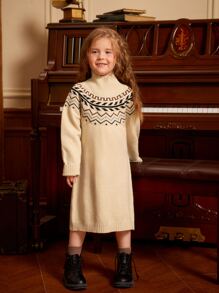 Toddler Girls Chevron Pattern Turtleneck Raglan Sleeve Jumper Dress - Apricot - View 6