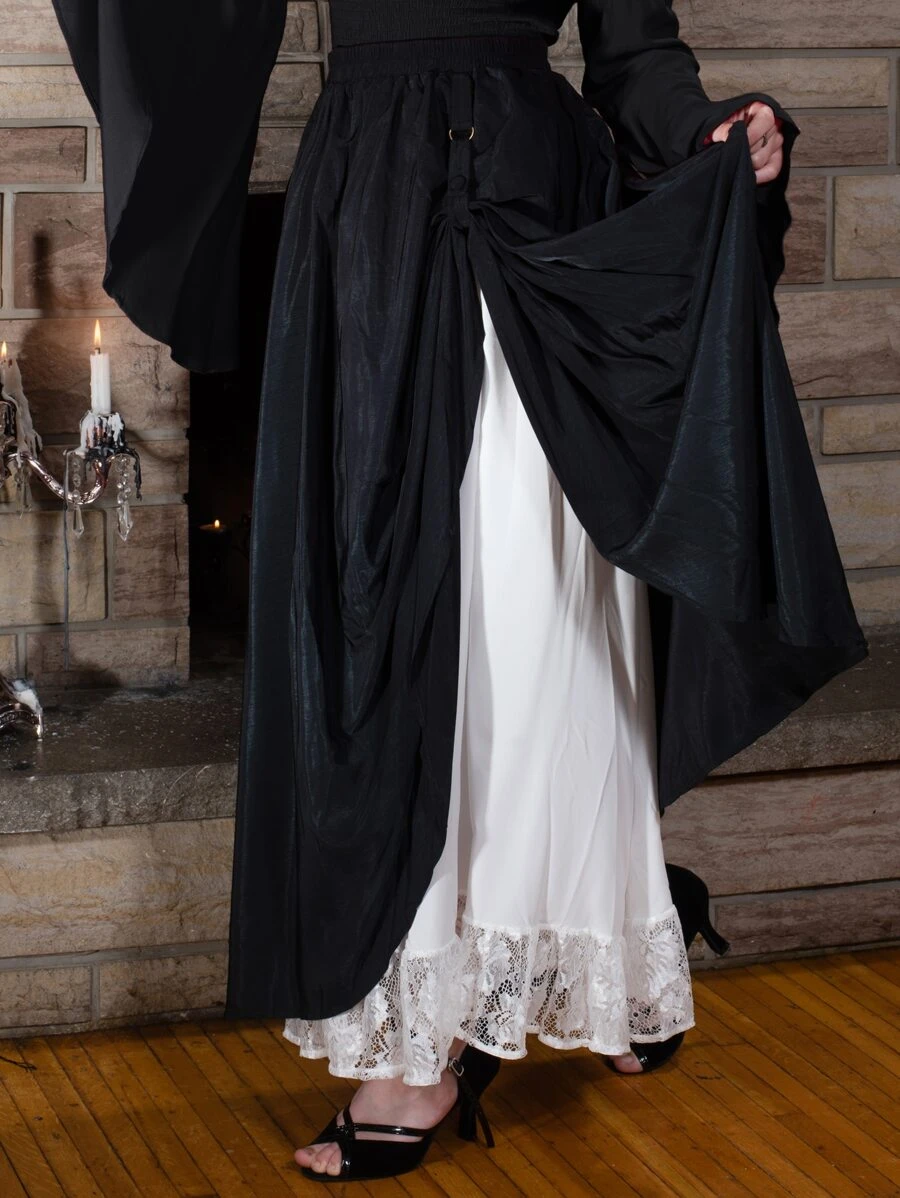 Scarlet Darkness 蕾絲邊雙色半身裙 - 黑色 - 查看 1