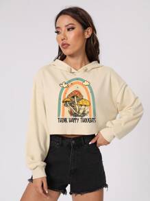 BUTTERFLY Áo hoodie croptop hở vai có dây rút họa tiết nấm và khẩu hiệu của nghệ sĩ, quần áo mùa thu cho nữ, dành cho mùa thu và đông - Màu be - Xem 3