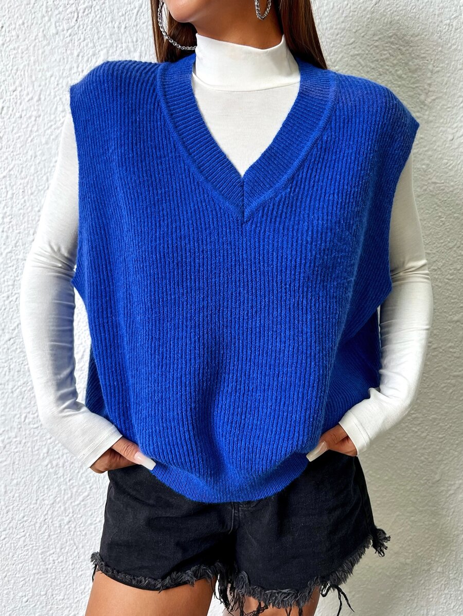 SHEIN EZwear Chaleco de punto unicolor tejido de canalé sin camisa - azul real - Ver 1