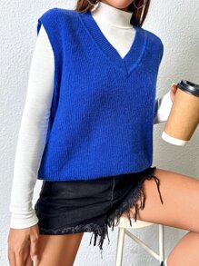 SHEIN EZwear Chaleco de punto unicolor tejido de canalé sin camisa - azul real - Ver 4