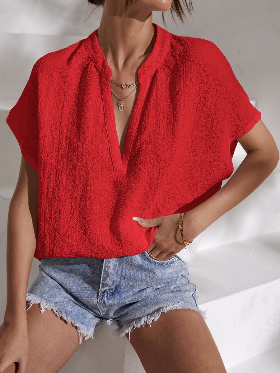 SHEIN Essnce Notched Batwing Sleeve Blouse - Red - View 1