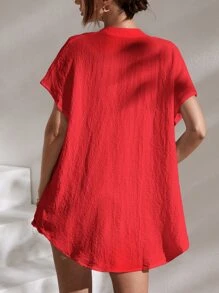 SHEIN Essnce Notched Batwing Sleeve Blouse - Red - View 2