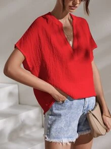 SHEIN Essnce Notched Batwing Sleeve Blouse - Red - View 3