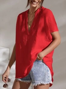 SHEIN Essnce Notched Batwing Sleeve Blouse - Red - View 5