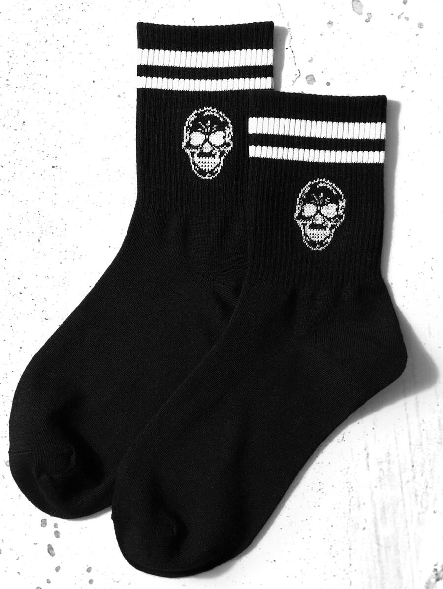 1 双骷髅标志休闲中筒袜，柔软舒适的设计，适合男士、女士、情侣、学生和日常穿着，秋季袜子 - 黑色 - 查看 1