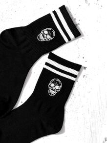 1 双骷髅标志休闲中筒袜，柔软舒适的设计，适合男士、女士、情侣、学生和日常穿着，秋季袜子 - 黑色 - 查看 2