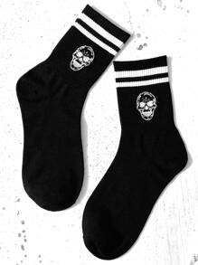 1 双骷髅标志休闲中筒袜，柔软舒适的设计，适合男士、女士、情侣、学生和日常穿着，秋季袜子 - 黑色 - 查看 3