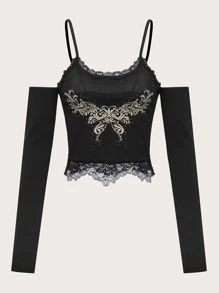 ROMWE Áo thun nữ Tương phản ren Loại bướm Giải trí - màu đen - Xem 1