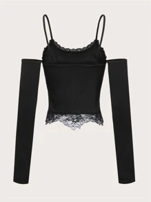 ROMWE Áo thun nữ Tương phản ren Loại bướm Giải trí - màu đen - Xem 2