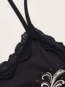 ROMWE Áo thun nữ Tương phản ren Loại bướm Giải trí - màu đen - Xem 3