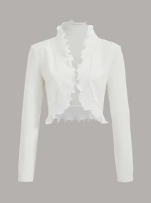 SHEIN Clasi Solid Ruffle Trim Open Front Jacket - White - View 1