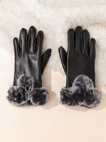 1對女士加厚黑色皮手套,適用於日常使用 - 黑色 - 查看 3