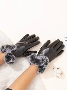 1對女士加厚黑色皮手套,適用於日常使用 - 黑色 - 查看 2