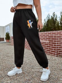 SHEIN EZwear Plus Bear & Letter Graphic Joggers - Black - View 2