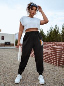 SHEIN EZwear Plus Bear & Letter Graphic Joggers - Black - View 1