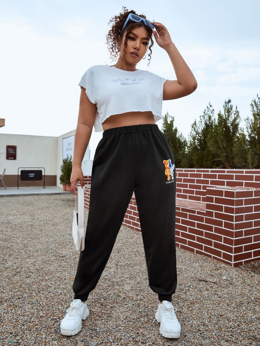 SHEIN EZwear Plus Bear & Letter Graphic Joggers - Black - View 1