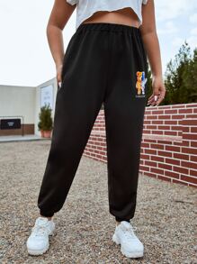 SHEIN EZwear Plus Bear & Letter Graphic Joggers - Black - View 3