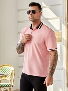 Manfinity Homme Men Plus Striped Trim Polo Shirt - Pink - View 3