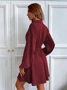 Chiquease 燈籠袖翻蓋細節不附腰帶襯衫連衣裙 - 酒紅色 - 查看 2
