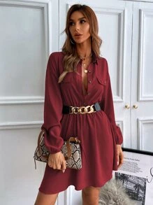 Chiquease 燈籠袖翻蓋細節不附腰帶襯衫連衣裙 - 酒紅色 - 查看 3