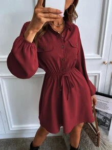 Chiquease 燈籠袖翻蓋細節不附腰帶襯衫連衣裙 - 酒紅色 - 查看 4