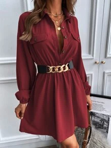 Chiquease 燈籠袖翻蓋細節不附腰帶襯衫連衣裙 - 酒紅色 - 查看 5