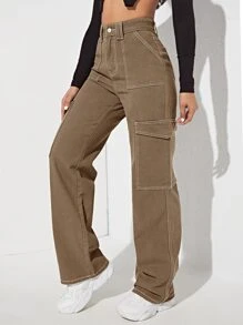 SHEIN EZwear High Waist Side Pocket Jeans - Mocha Brown - View 1