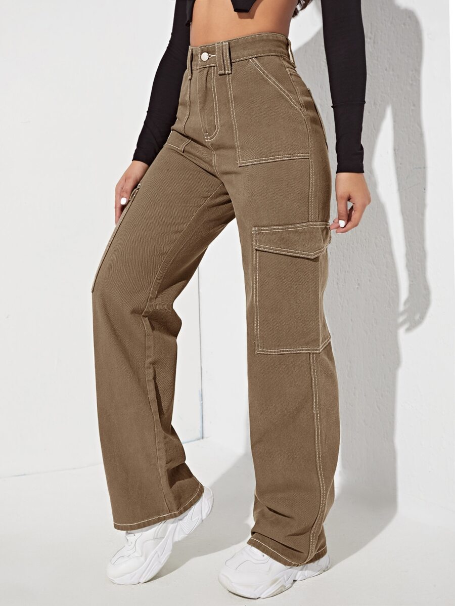 SHEIN EZwear High Waist Side Pocket Jeans - Mocha Brown - View 1