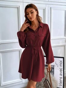 Chiquease 燈籠袖翻蓋細節不附腰帶襯衫連衣裙 - 酒紅色 - 查看 8