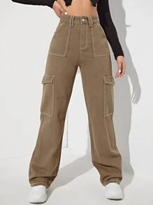 SHEIN EZwear High Waist Side Pocket Jeans - Mocha Brown - View 3