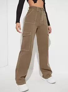 SHEIN EZwear High Waist Side Pocket Jeans - Mocha Brown - View 5