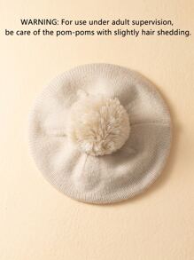 1pc Baby Solid Color Pom Pom Beret Hat For Winter Warmth - Khaki - View 4