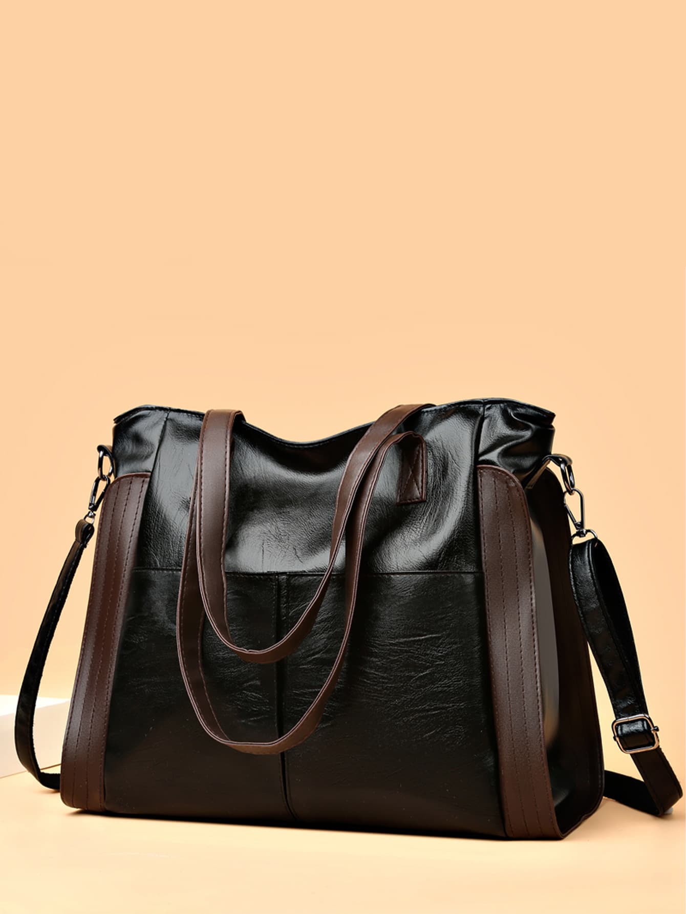 雙色單肩托特包 - 黑色 - 查看 1