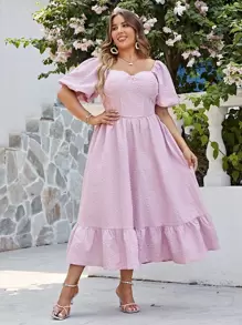 Simplee Plus Sweetheart Neck Puff Sleeve Ruffle Hem Dress - Lilac Purple - View 1