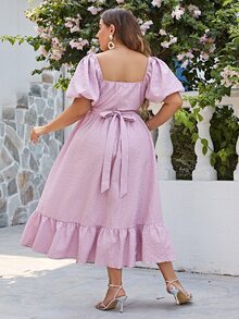 Simplee Plus Sweetheart Neck Puff Sleeve Ruffle Hem Dress - Lilac Purple - View 2