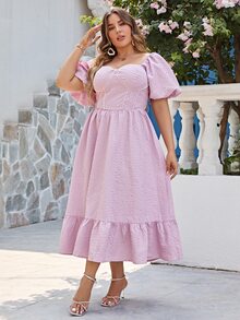 Simplee Plus Sweetheart Neck Puff Sleeve Ruffle Hem Dress - Lilac Purple - View 3