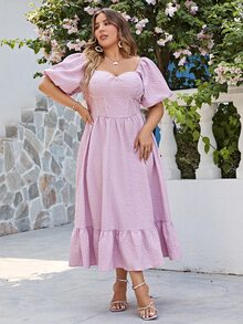 Simplee Plus Sweetheart Neck Puff Sleeve Ruffle Hem Dress - Lilac Purple - View 6