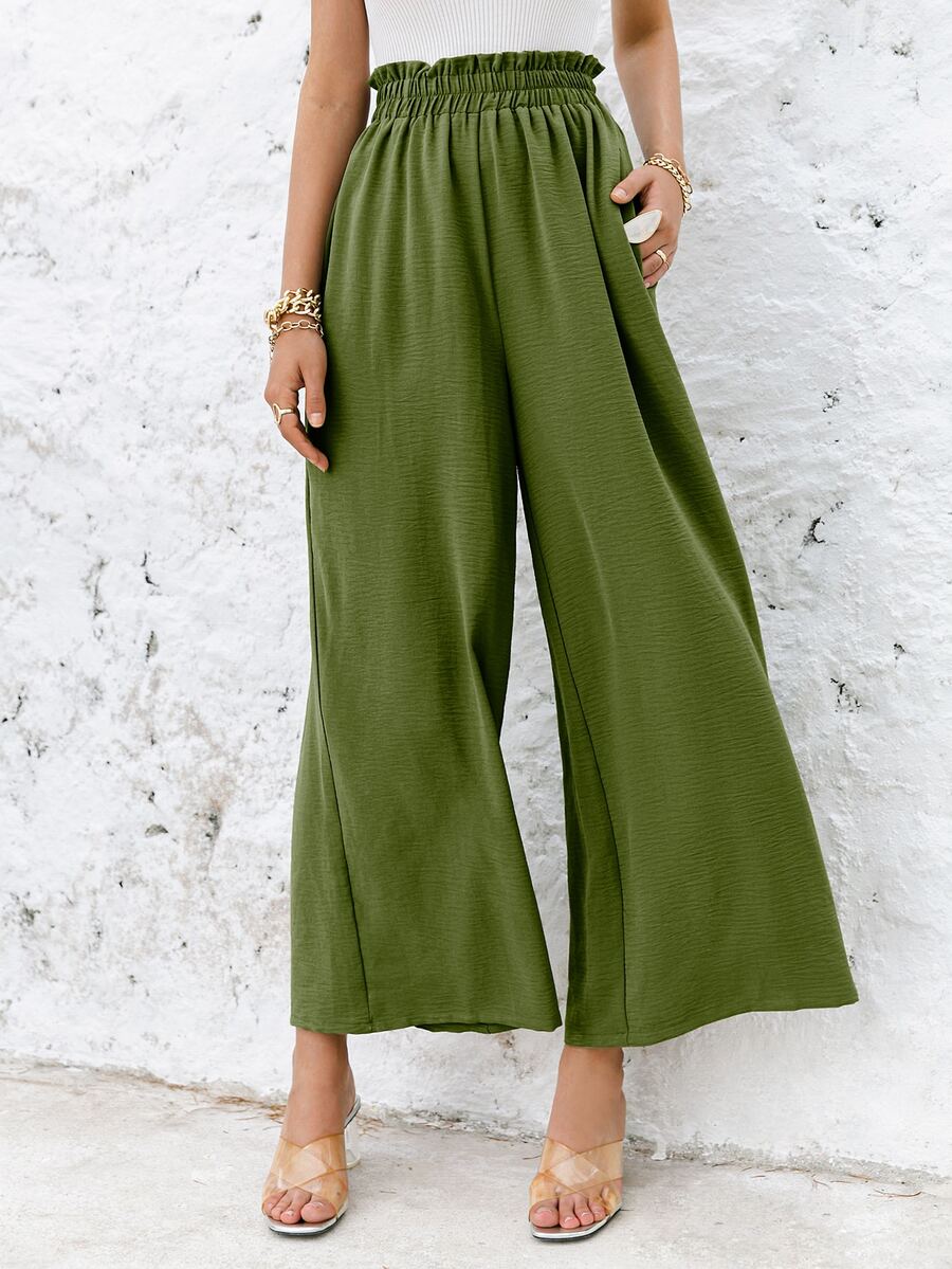 Simplee Frill Elastic Waist Wide Leg Trousers Without Belt - Army Green - View 1