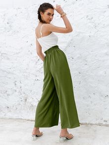 Simplee Frill Elastic Waist Wide Leg Trousers Without Belt - Army Green - View 2