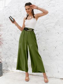 Simplee Frill Elastic Waist Wide Leg Trousers Without Belt - Army Green - View 3